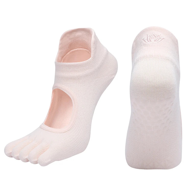 Ladies Breathable Yoga Socks with Grips Non-Slip Five Finger Pilates Socks for Women Backless Ballet Dance Fitness Toe Socks