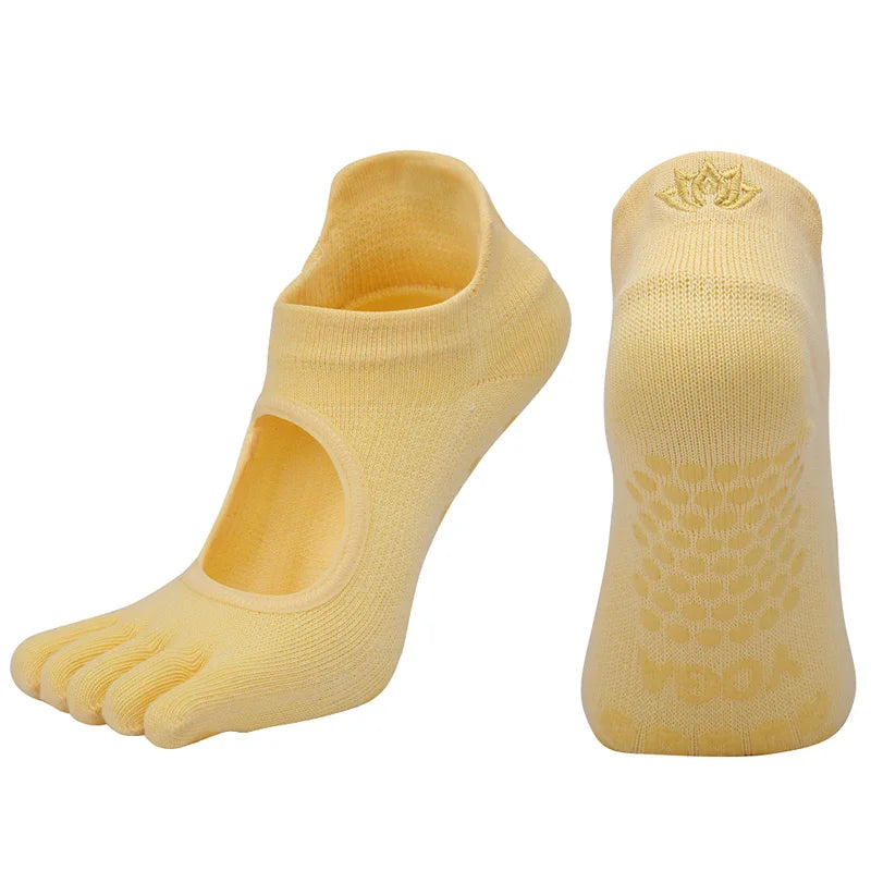 Ladies Breathable Yoga Socks with Grips Non-Slip Five Finger Pilates Socks for Women Backless Ballet Dance Fitness Toe Socks