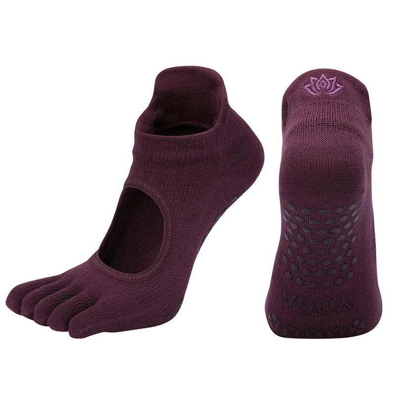 Ladies Breathable Yoga Socks with Grips Non-Slip Five Finger Pilates Socks for Women Backless Ballet Dance Fitness Toe Socks