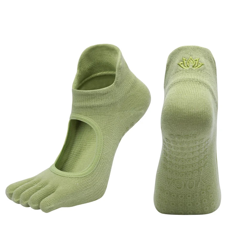 Ladies Breathable Yoga Socks with Grips Non-Slip Five Finger Pilates Socks for Women Backless Ballet Dance Fitness Toe Socks